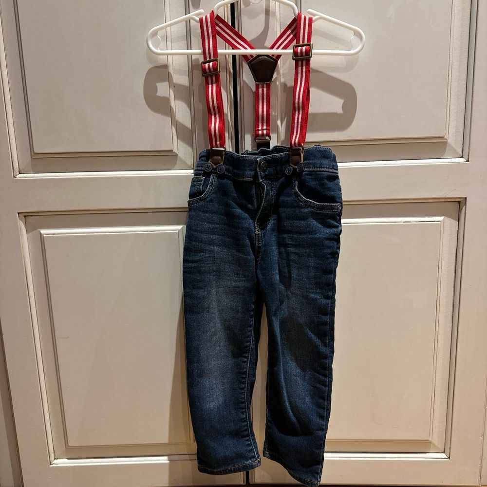 Boys Oshkosh jeans with suspenders, red and white size 24 months